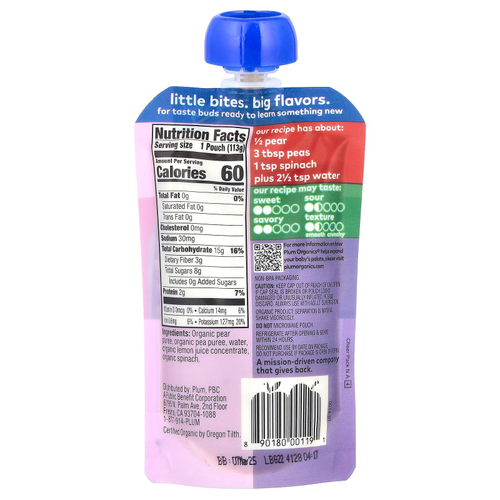 Plum Organics, Органическое детское питание, от 6 месяцев, груша + горох со шпинатом, 113 г (4 унции)