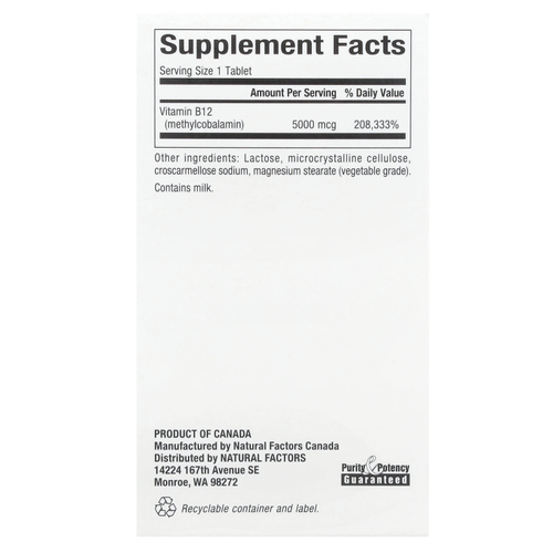 Natural Factors, метилкобаламин, витамин B12, 5000 мкг, 60 жевательных таблеток