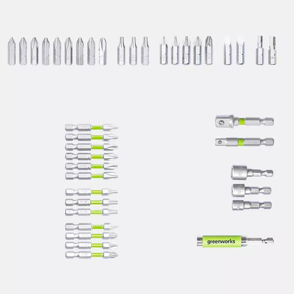 Набор бит, торцевых головок и адаптеров в кейсе Greenworks Арт. 2944207, 40 шт.