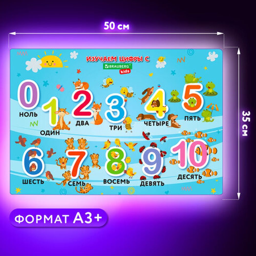 Настольное покрытие BRAUBERG KIDS для труда и творческих занятий, ПВХ, "Numbers", 50х35 см, 272361
