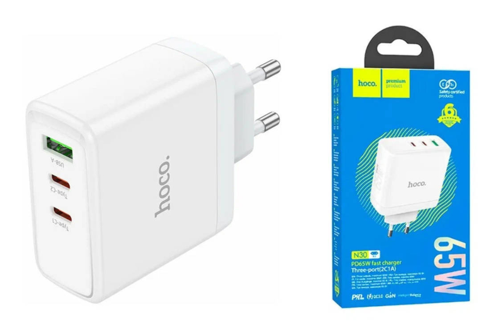 Сетевое зарядное устройство Hoco N30 1USB + 2Type-C 65W