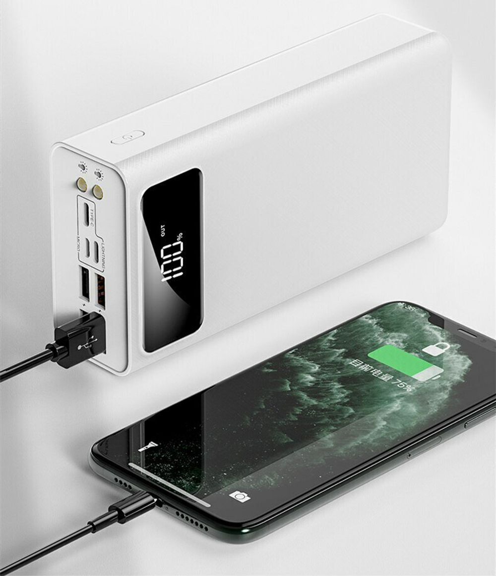 Power Bank внешний аккумулятор 40000 mAh с быстрой зарядкой и фонариком, белый