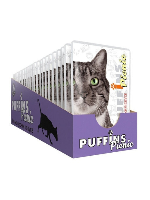 Puffins Picnic Влажный корм для кошек, говядина в соусе, 26 шт x 85 г