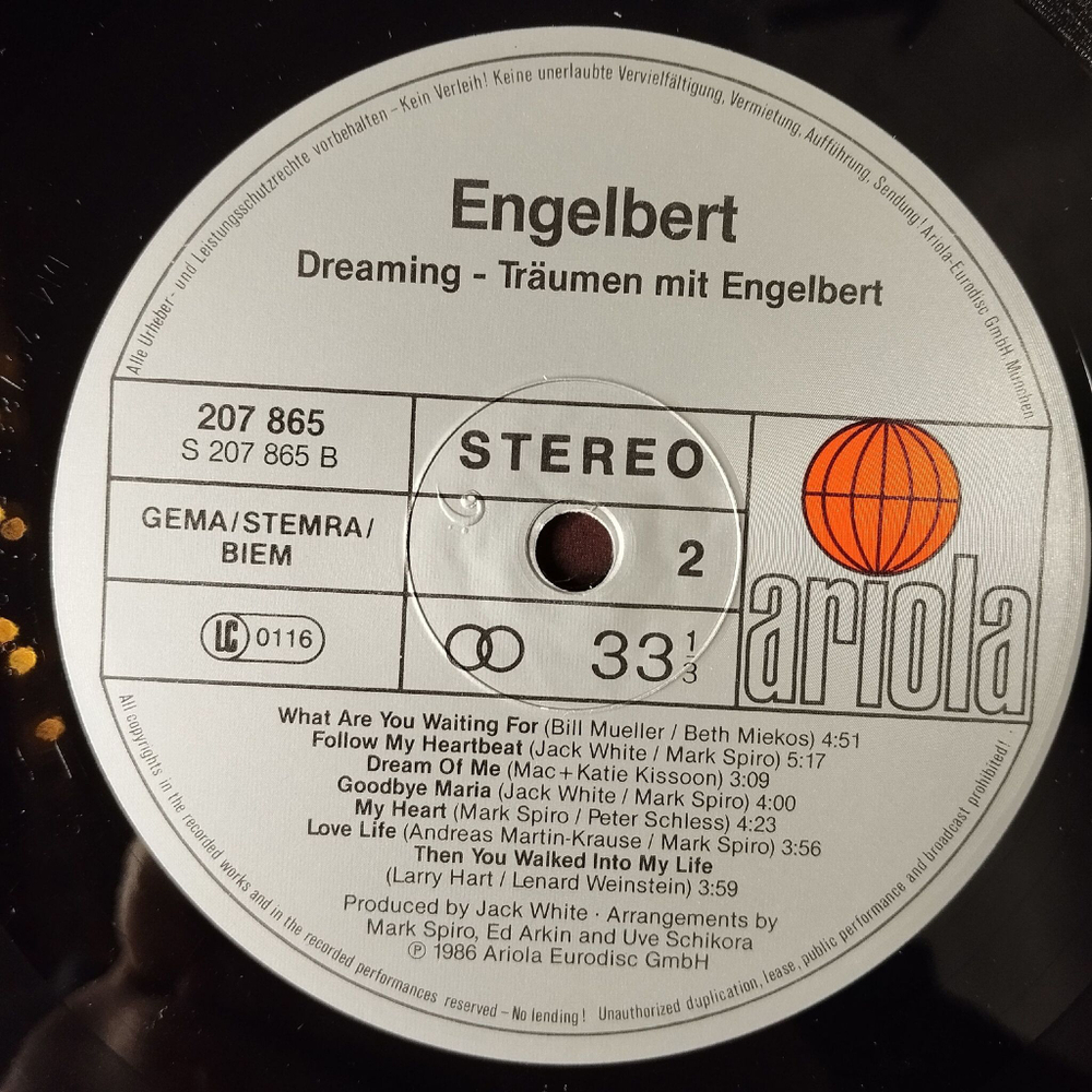 Винтажная виниловая пластинка LP Engelbert Humperdinck Traumen Mit Engelbert (Germany 1986)