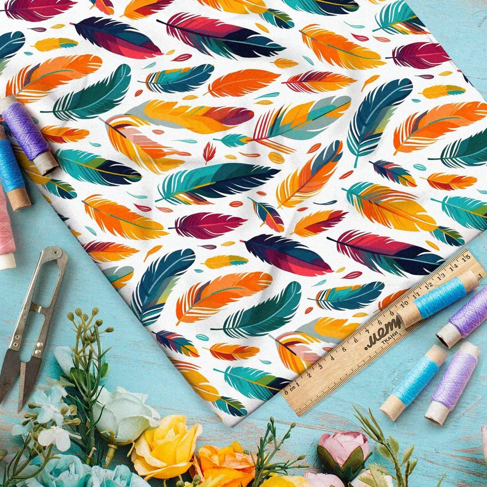 Ткань премиум бифлекс разноцветные перья