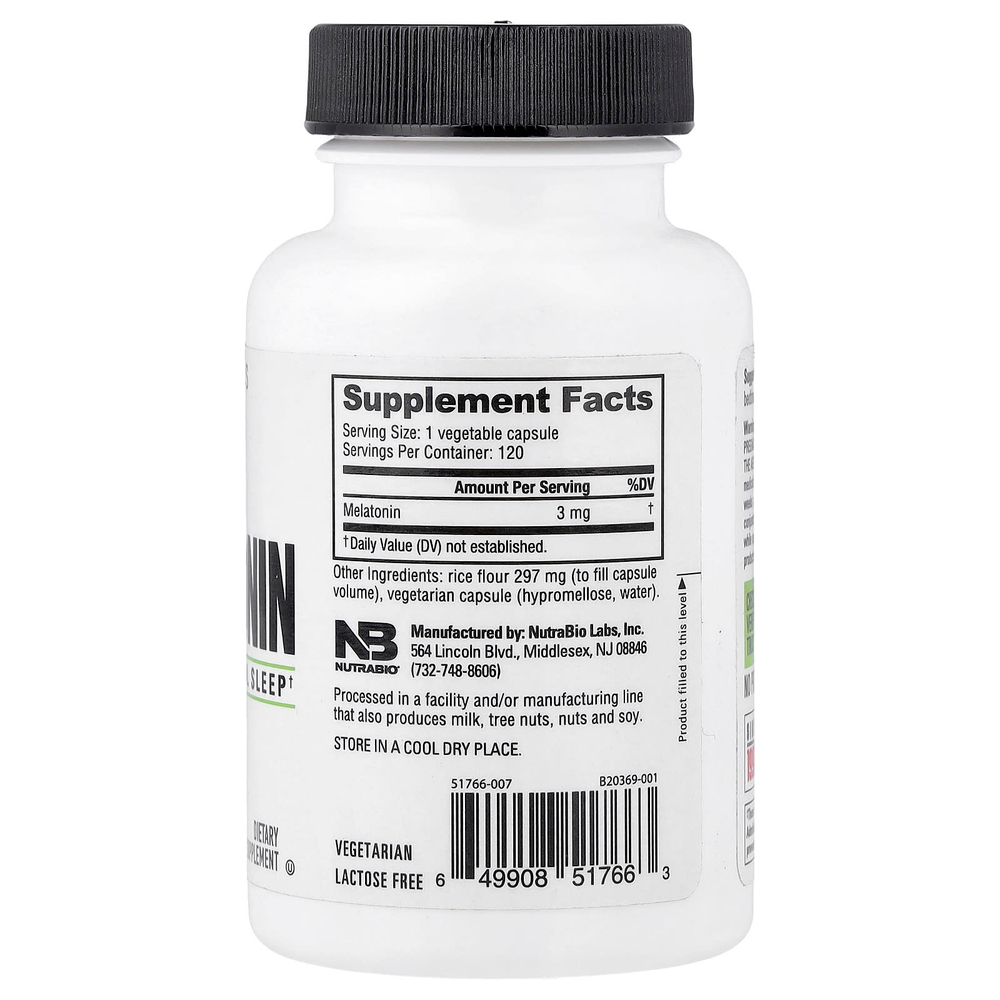 NutraBio, Мелатонин, 120 капсул (3 мг в каждой капсуле)