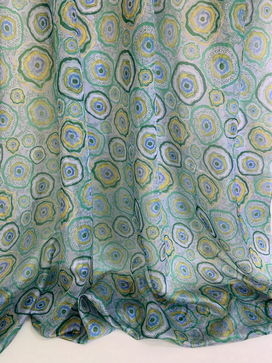 Шифон принт, silk, круги зеленые/желтые/голубые на сером RH D4C2