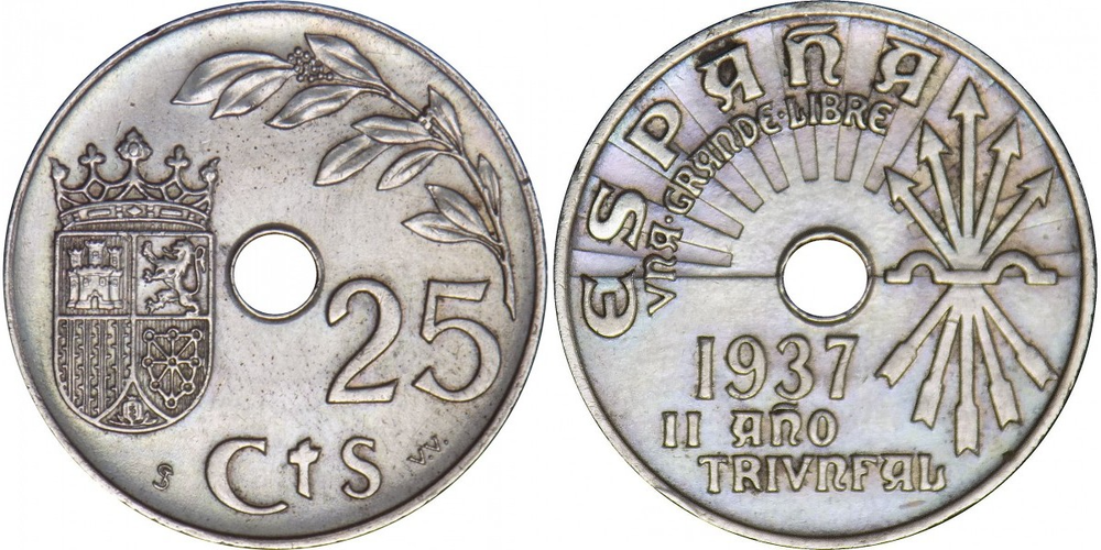 Испания 25 сентимо, 1937 Оливковая ветвь XF