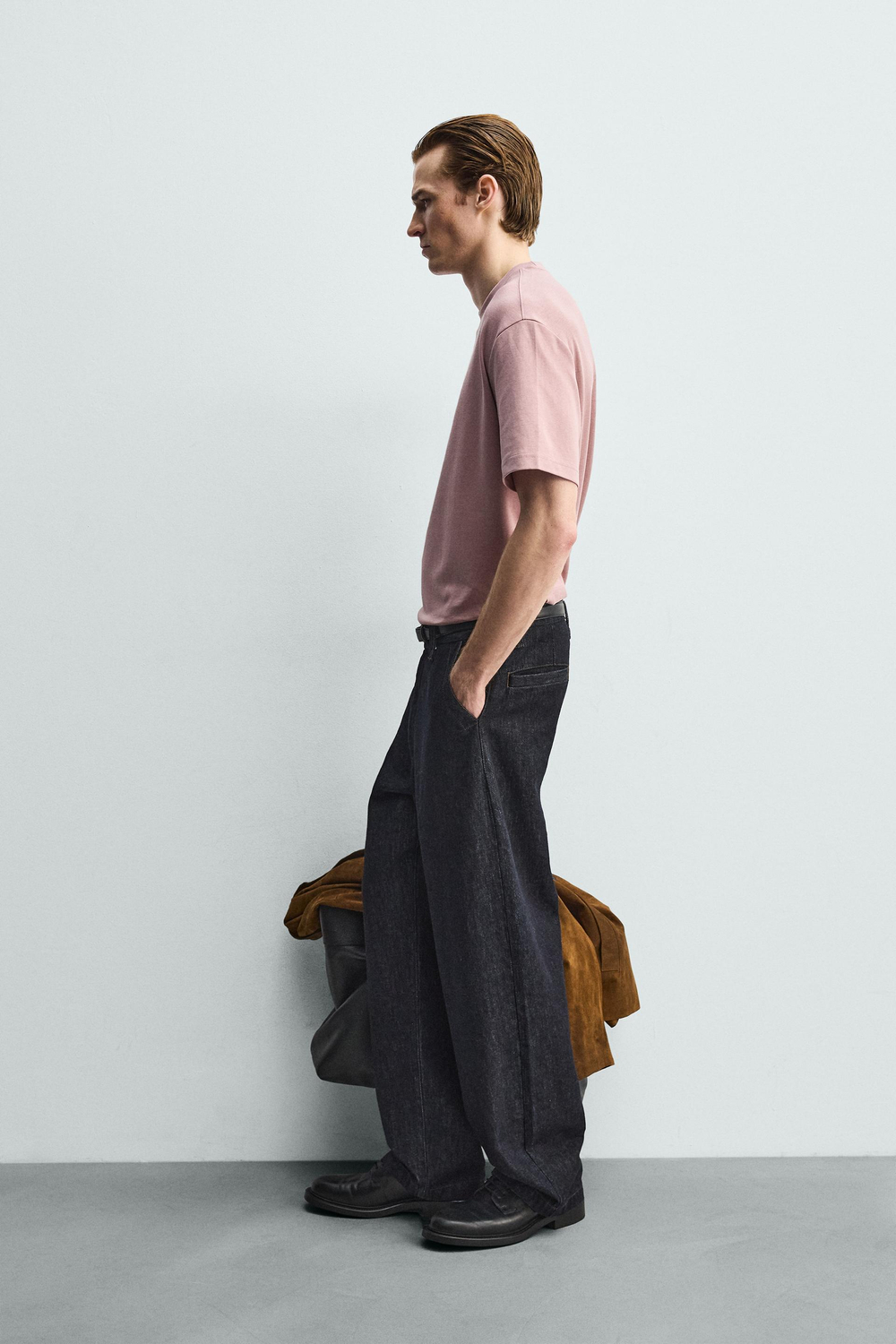 ZARA ФУТБОЛКА RELAXED FIT INTERLOCK, ПУДРОВО-РОЗОВЫЙ