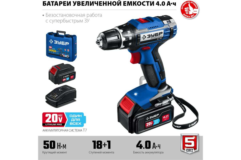Дрель-шуруповерт ЗУБР Профессионал 20В, 2 АКБ 4Ач, в кейсе DL-201-42