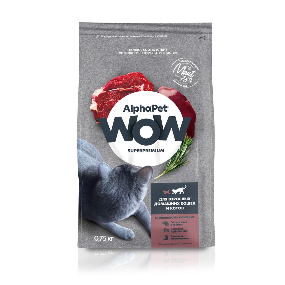 Сухой корм ALPHAPET WOW SUPERPREMIUM для взрослых домашних кошек и котов c говядиной и печенью 750 г