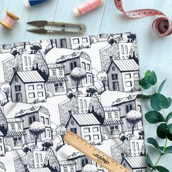 Ткань барби карандашные дома на белом фоне