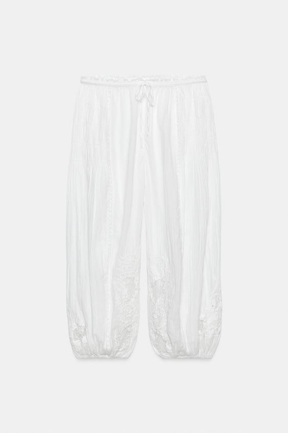 ZARA БРЮКИ-ШАРОВАРЫ С КРУЖЕВОМ — ZW COLLECTION, ЖЕЛТОВАТО-БЕЛЫЙ