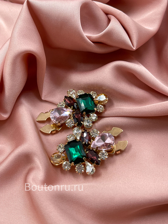 Накладка на пуговицу золотистая с разноцветными стразами (клипсы)