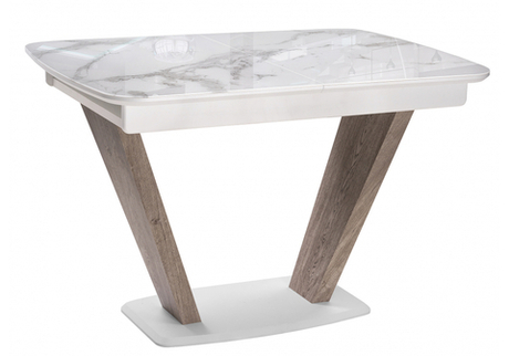 Стол стеклянный Woodville на тумбе Петир белая шагрень, дуб с пилением