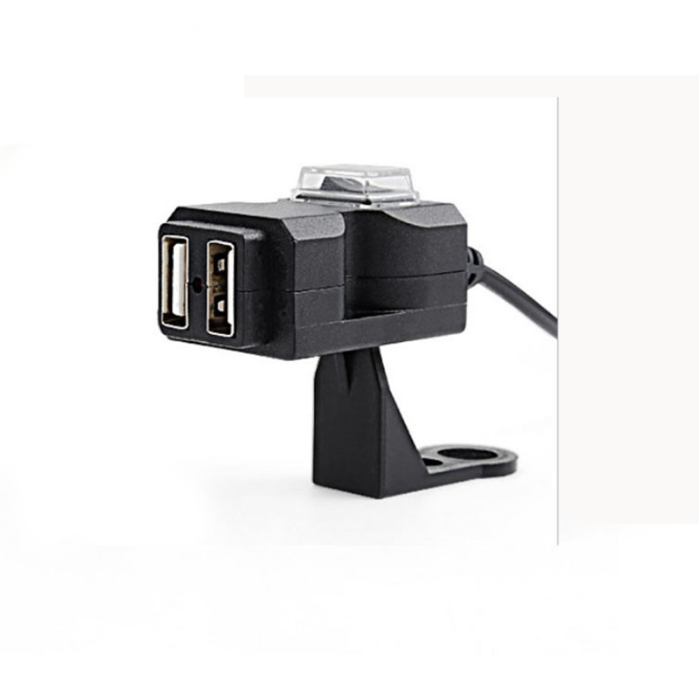USB charger, slim, 2 slots, Fast charge. Dual USB. Handlebar/10mm Mirror mount. Motowolf