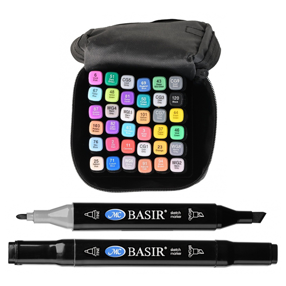 Маркер для скетчинга, двусторонние, Basir, на подставке, четырёхгранные, 14 мм, спиртовые, 36 шт