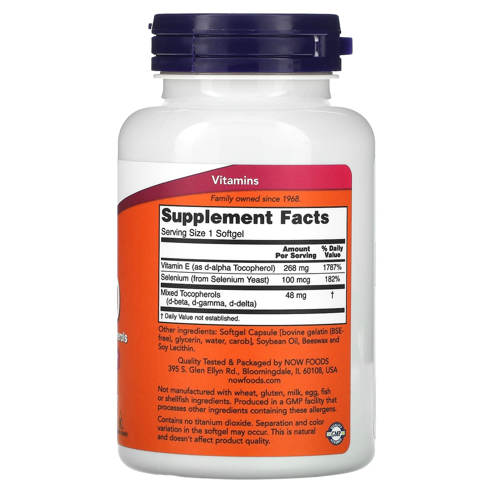 NOW Foods, E-400 D-альфа со смешанными токоферолами, 100 мягких таблеток