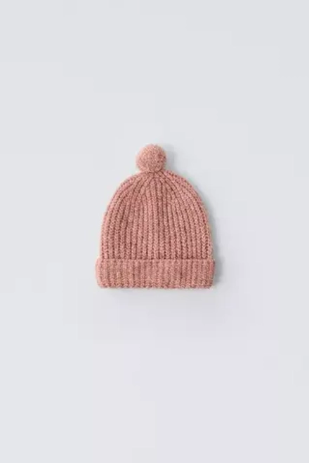 ZARA ШАПКА БИНИ С ПОМПОНОМ, РОЗОВЫЙ