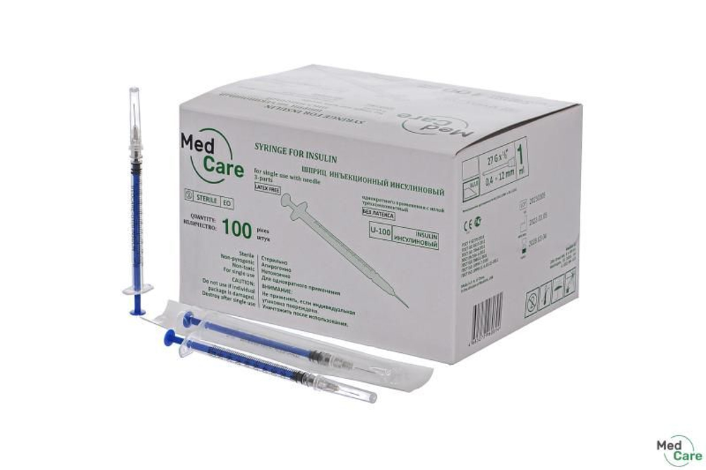 Шприц одноразовый 1 мл 3-х компонентный MedCare инсулиновый с иглой 27G 0,40х12 мм, 100 шт.