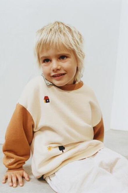 ZARA ТОЛСТОВКА КОЛОР-БЛОК С ВЫШИВКОЙ, ЭКРЮ/КОРИЧНЕВЫЙ