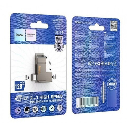USB карта памяти HOCO UD14 128ГБ USB 3.2 + Type-C (серый)