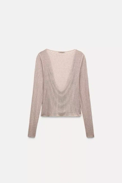 ZARA ТОП ИЗ ПОЛУПРОЗРАЧНОЙ ТКАНИ СО СТРАЗАМИ, ТЕЛЕСНО-РОЗОВЫЙ