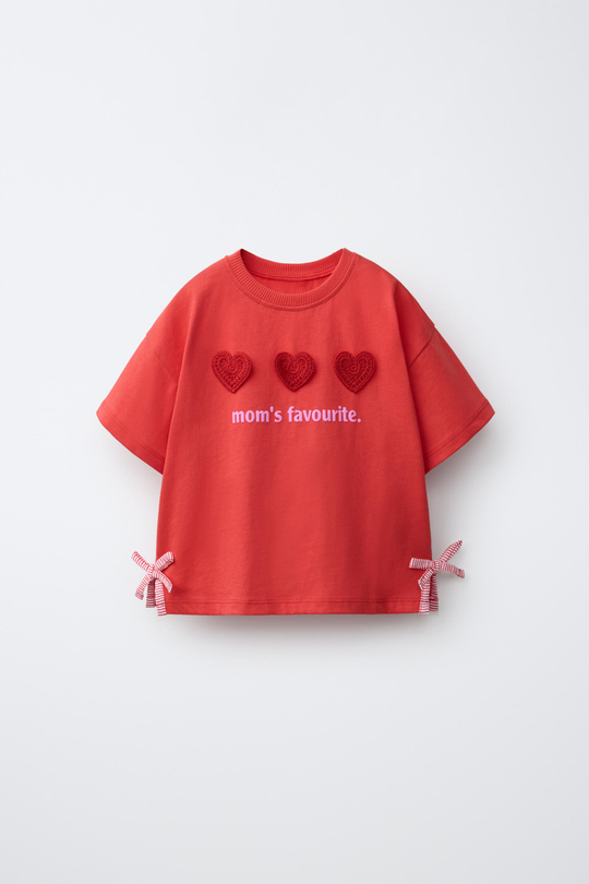 ZARA ФУТБОЛКА С ЦВЕТОЧНЫМИ ДЕТАЛЯМИ КРОШЕ, КРАСНЫЙ