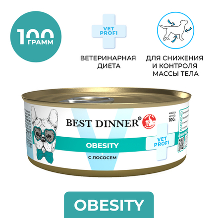 Консервы диета Best Dinner Vet Profi Obesity для снижения и контроля избыточной массы тела у взрослых собак с лососем 100 г