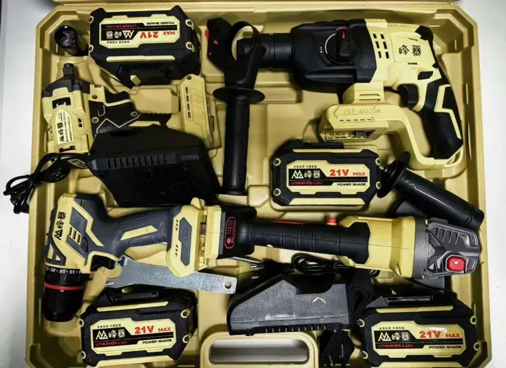 Аккумуляторный набор 4 в 1 Feng Bao, Дрель-шуруповерт Fb-1321, Гайковерт 650, Перфораторатор 8020 и Ушм 5230, 2 акб 6а. ч