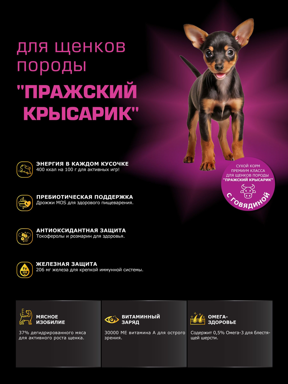 Корм сухой для щенков породы Пражский крысарик, с говядиной, 3 кг, QUATTRO