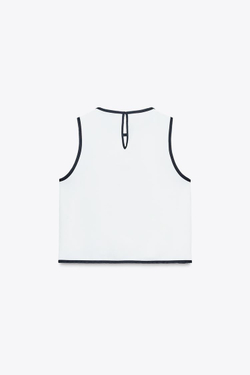 ZARA ТОП С КОНТРАСТНОЙ ОТДЕЛКОЙ, ЭКРЮ/ТЕМНО-СИНИЙ