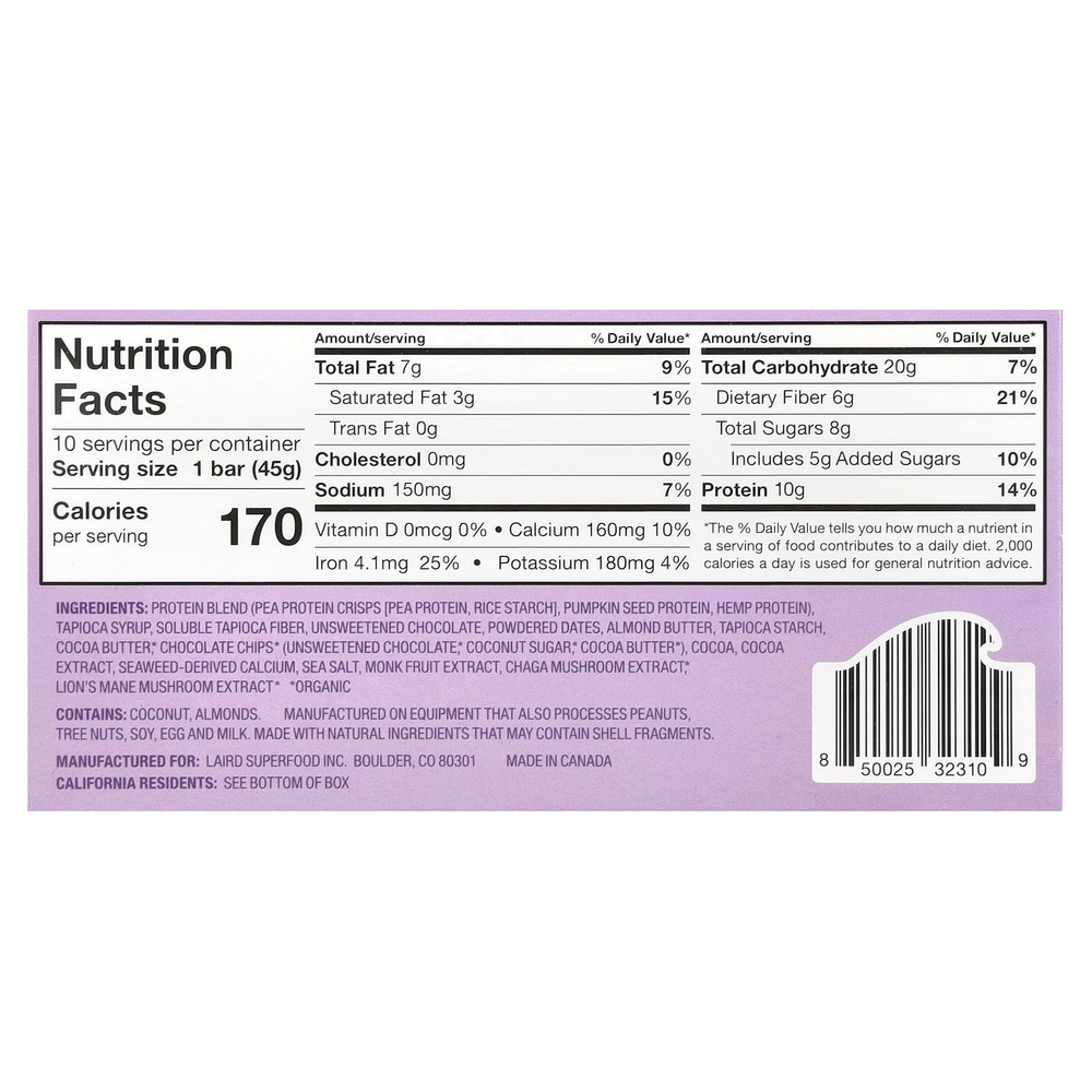 Laird Superfood, Протеиновый батончик Superfood + адаптогены, морская соль из темного шоколада, 10 пакетиков по 45 г (1,6 унции)