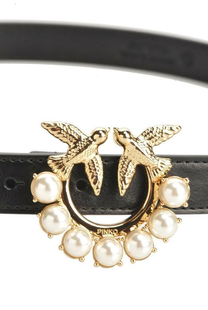 LOVE BIRDS LEATHER BELT - black jewel–pearls / M (95 см)- M (95 см)