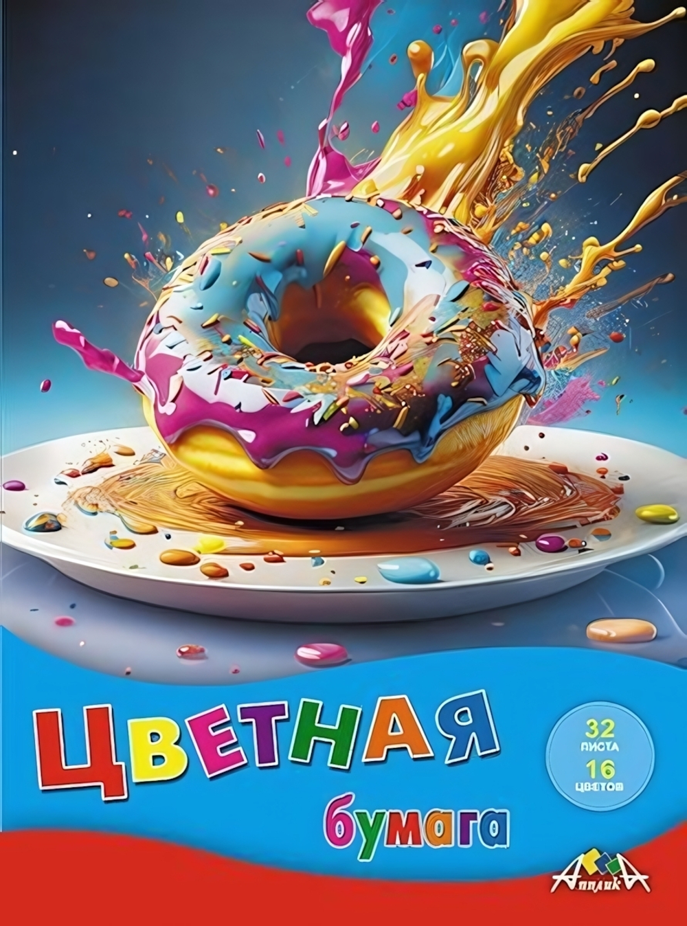 Бумага цветная А4 32л, 16цв."Яркий пончик"(Апплика)