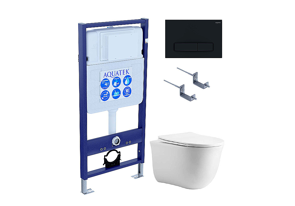 Унитаз подвесной с инсталляцией Aquatek Классик SET AQUATEK КЛАССИК cm-025 4в1 белый/кнопка черная матовая, безободковый, с крышкой микролифт