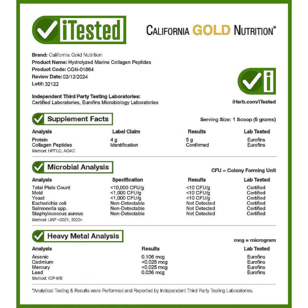 California Gold Nutrition, пептиды гидролизованного морского коллагена, без вкусовых добавок, 500 г (1,1 фунта)