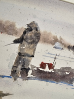 Картина авторская акварельная в паспарту 30х40 см на стену для интерьера "Зимняя рыбалка"