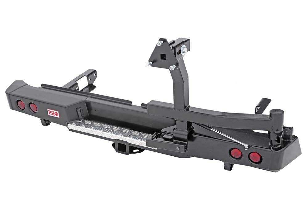 Бампер силовой задний Toyota Hilux 2015+ с квадратом под фаркоп, калиткой, фонарями, подсветкой номера РИФ