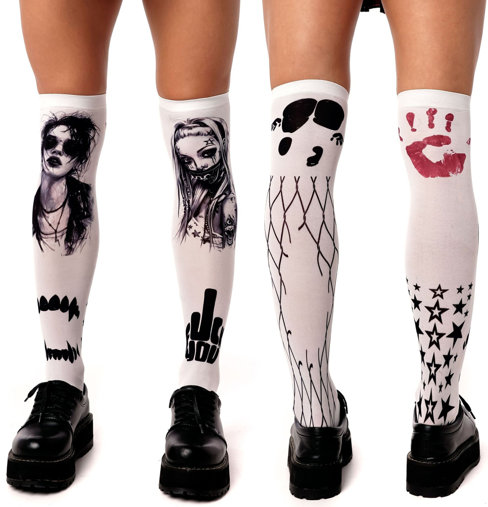 Белые гольфы с несколькими принтами-тату (Цвет: белый)