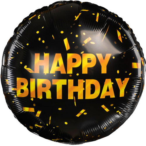Шар (18''/46 см) Круг, Happy Birthday (золотое конфетти), Черный, 1 шт.