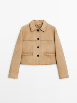 Massimo Dutti Короткая куртка из замши с декоративной строчкой, песочный