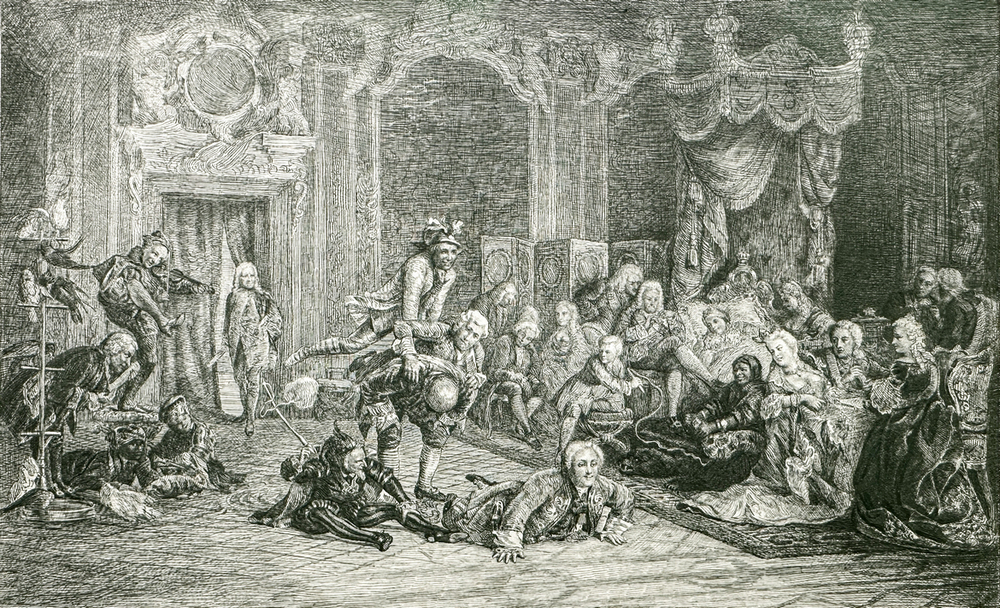 Шуты при дворе императрицы Анны Иоанновны. Гравюра по известной картине В. Якоби. 1740 г.