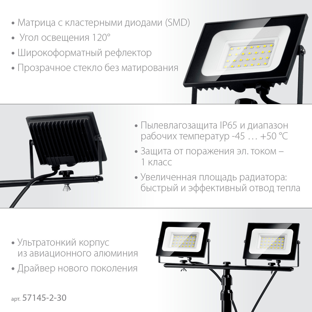 ЗУБР ПСК 30х2, 2 х 30 Вт, 6500 К, IP 65, 1.6 м, светодиодные прожекторы на штативе, Профессионал (57145-2-30)