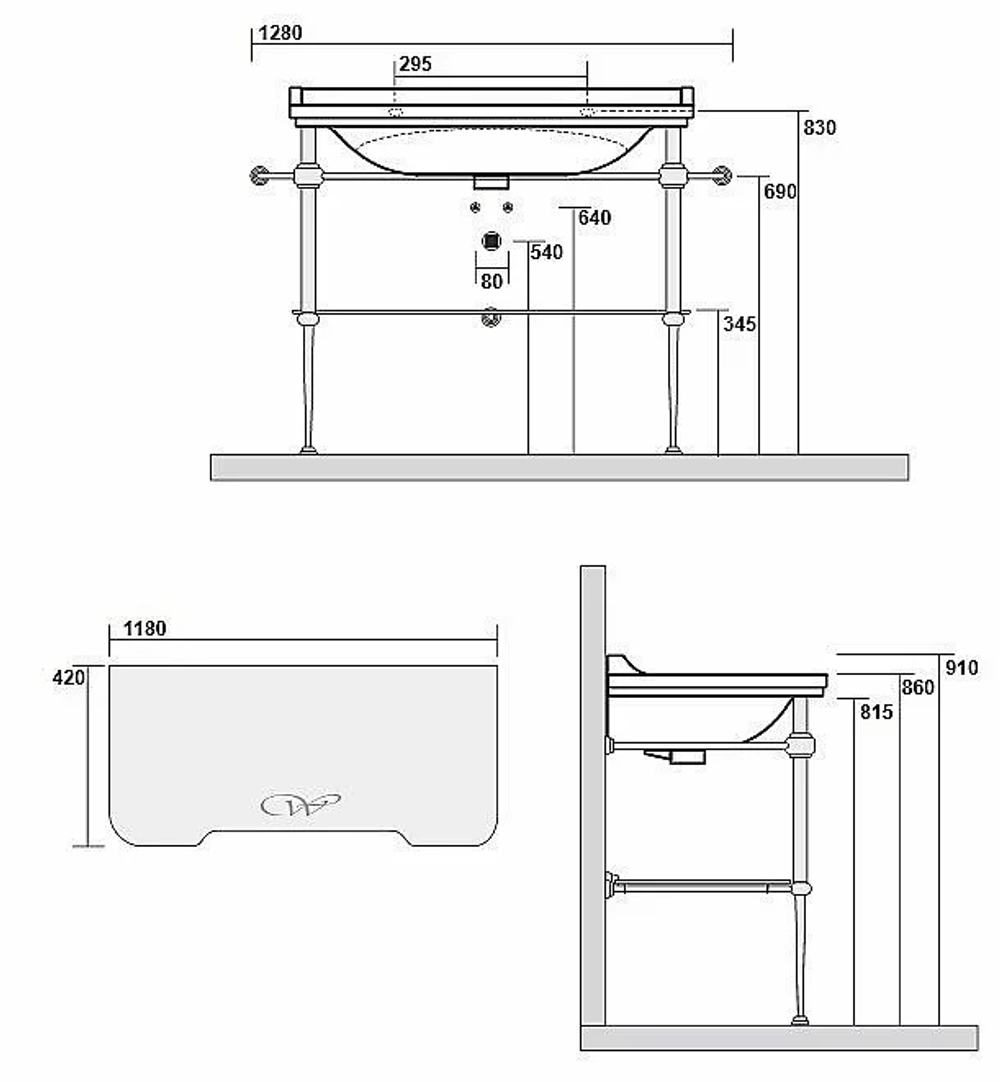 Консоль с раковиной Kerasan Waldorf 9203K 120 хром с 1 отверстием