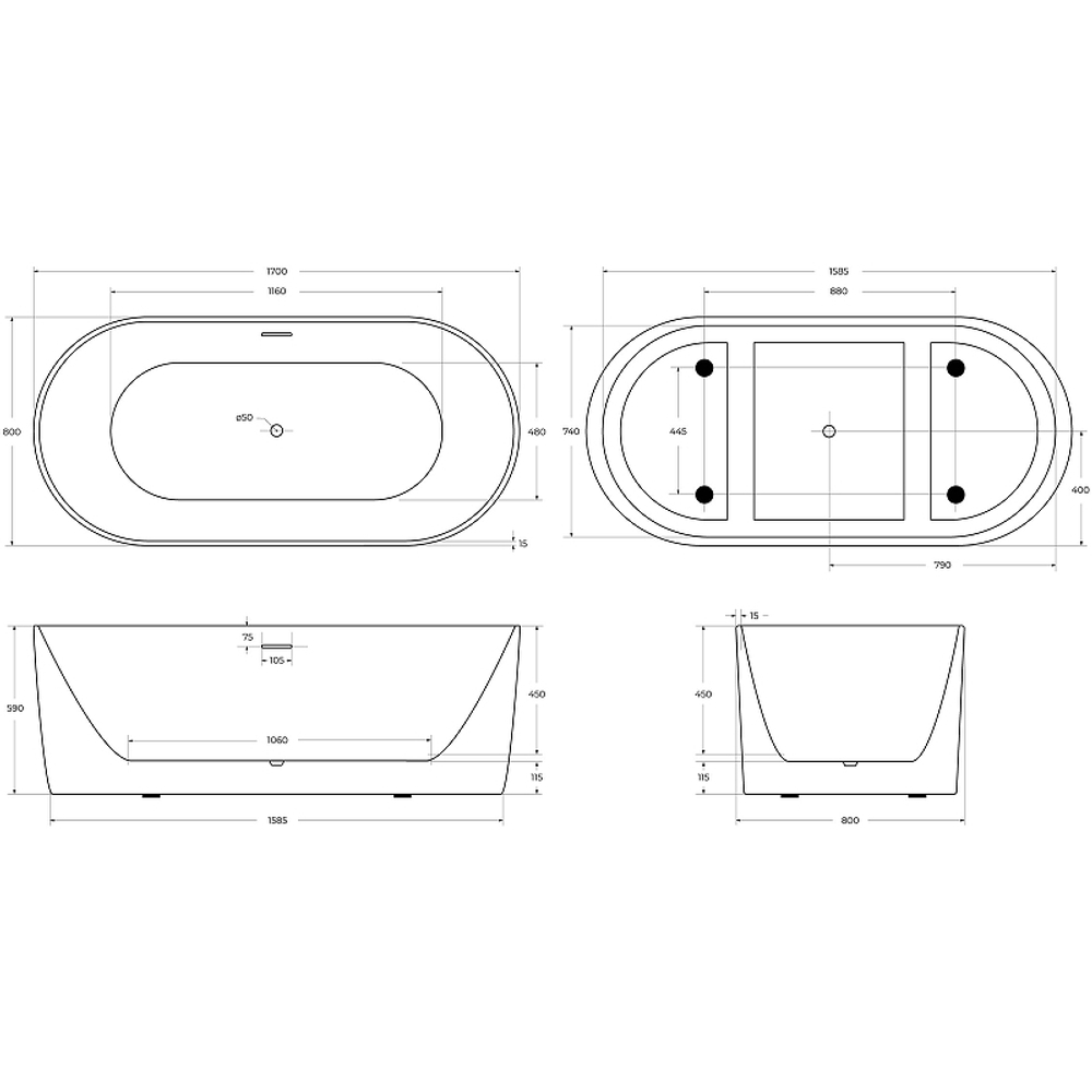 Акриловая ванна BelBagno 170x80 BB411-1700-800-MATT без гидромассажа