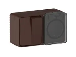 ATLASDESIGN PROFI IP54 О/У БЛОК: РОЗЕТКА с заземл. со шт., 16А, ВЫКЛЮЧАТЕЛЬ 2-клав., 10АХ, КОРИЧНЕВЫЙ