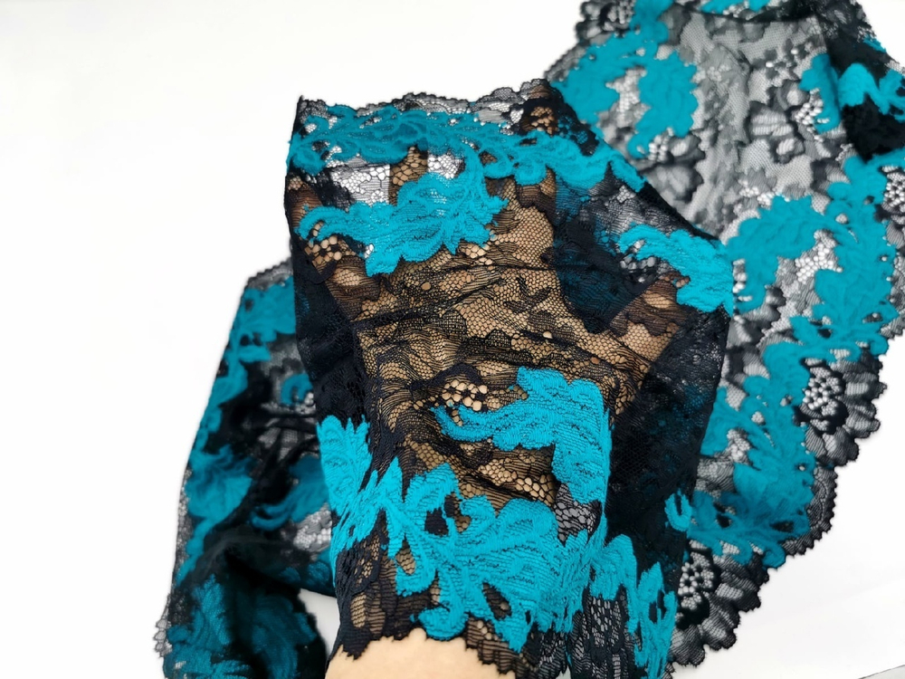 Эластичное кружево, ОПТ, 24 см, черное и яркая бирюза, (Арт: EK-2612), м