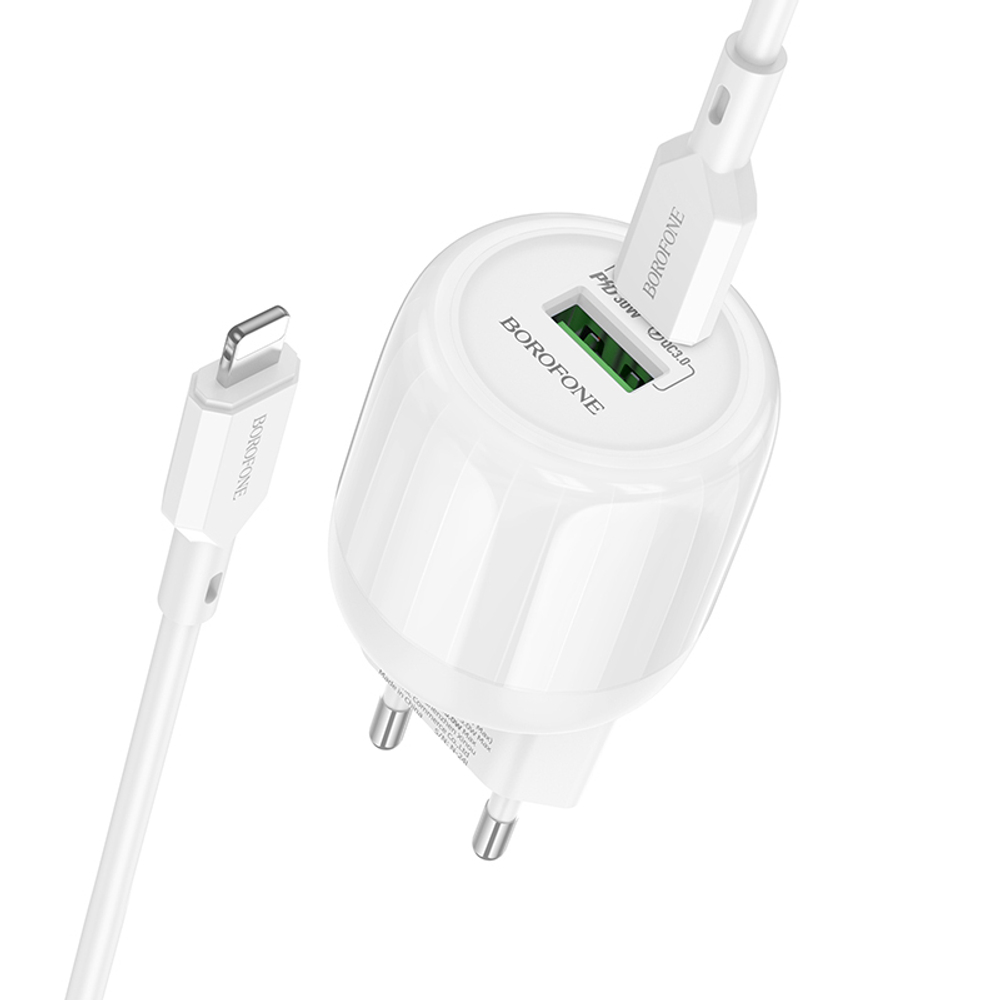 Сетевой адаптер питания BOROFONE BA94A PD 30W QC 3.0 + кабель Lighting-Type-C (белый)
