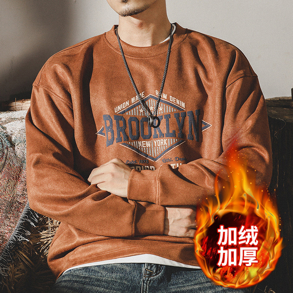 Американская мужская замшевый плотный лонгслив в стиле ретро с лаконичной надписью "BROOKLYN".